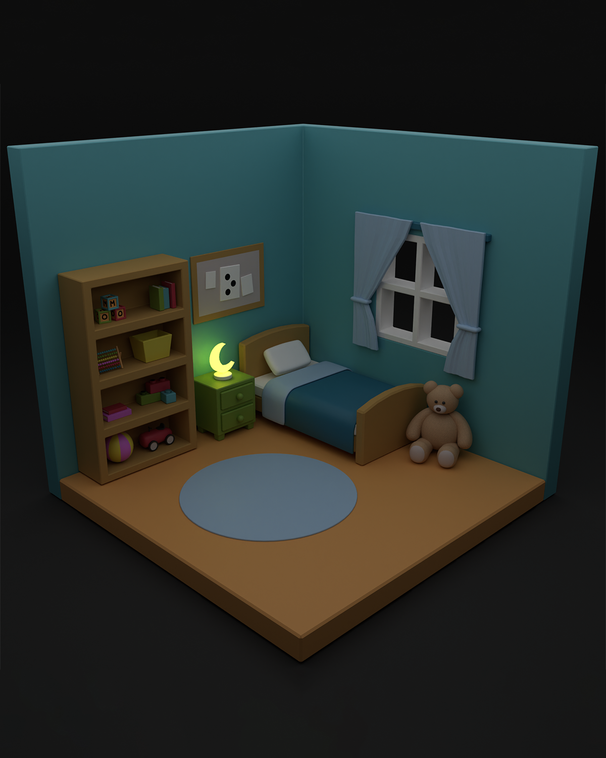 3D-modell av et barnerom med cartoon-stil