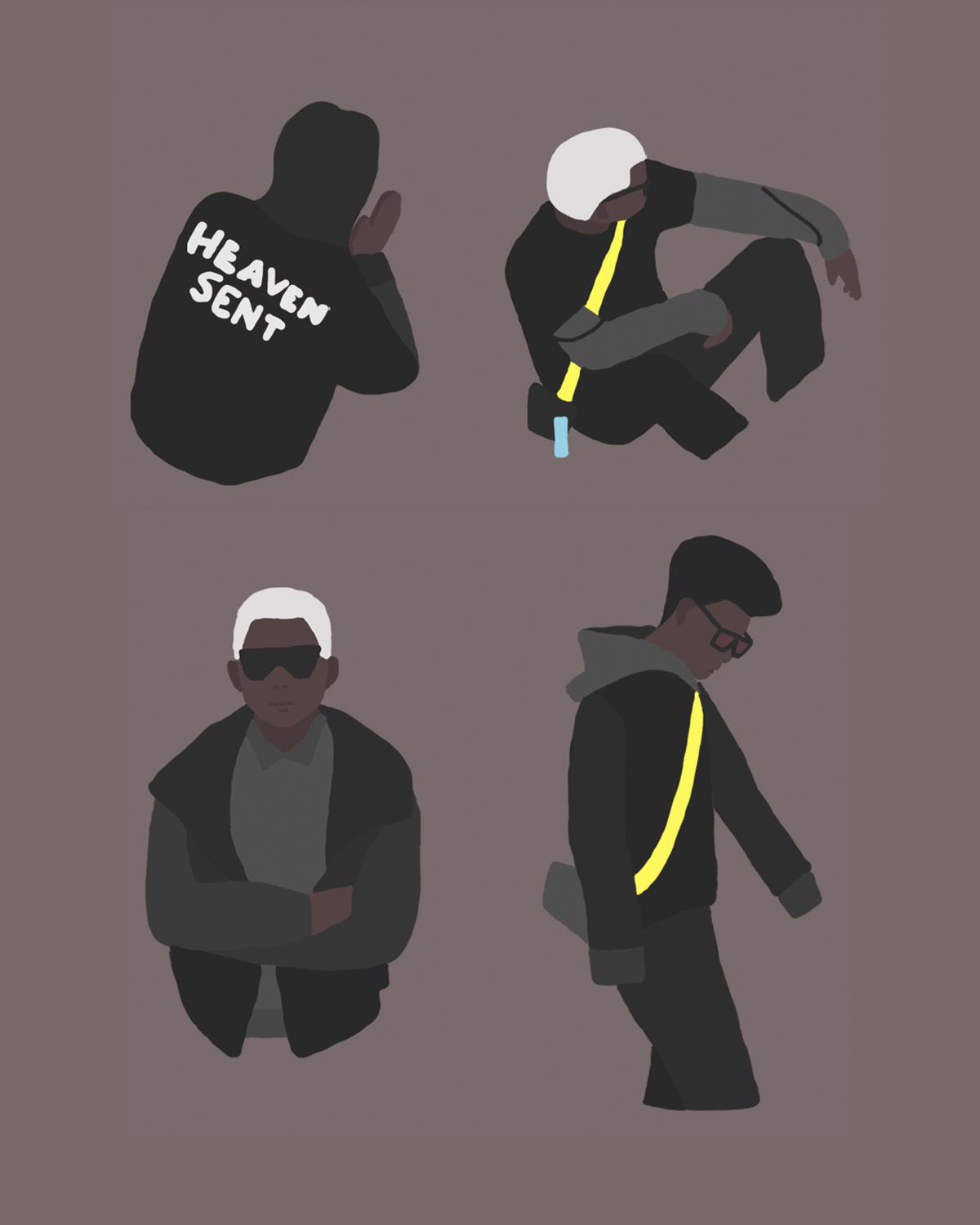 Digital tegning av en person i 4 posisjoner