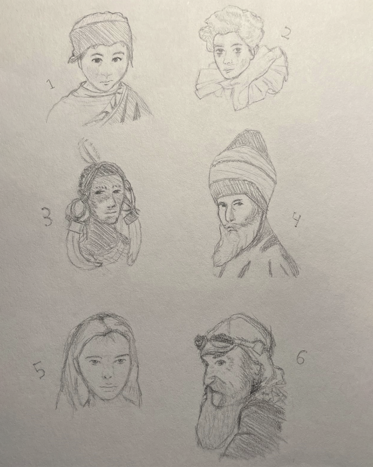 En side med tegninger av 6 ansikt