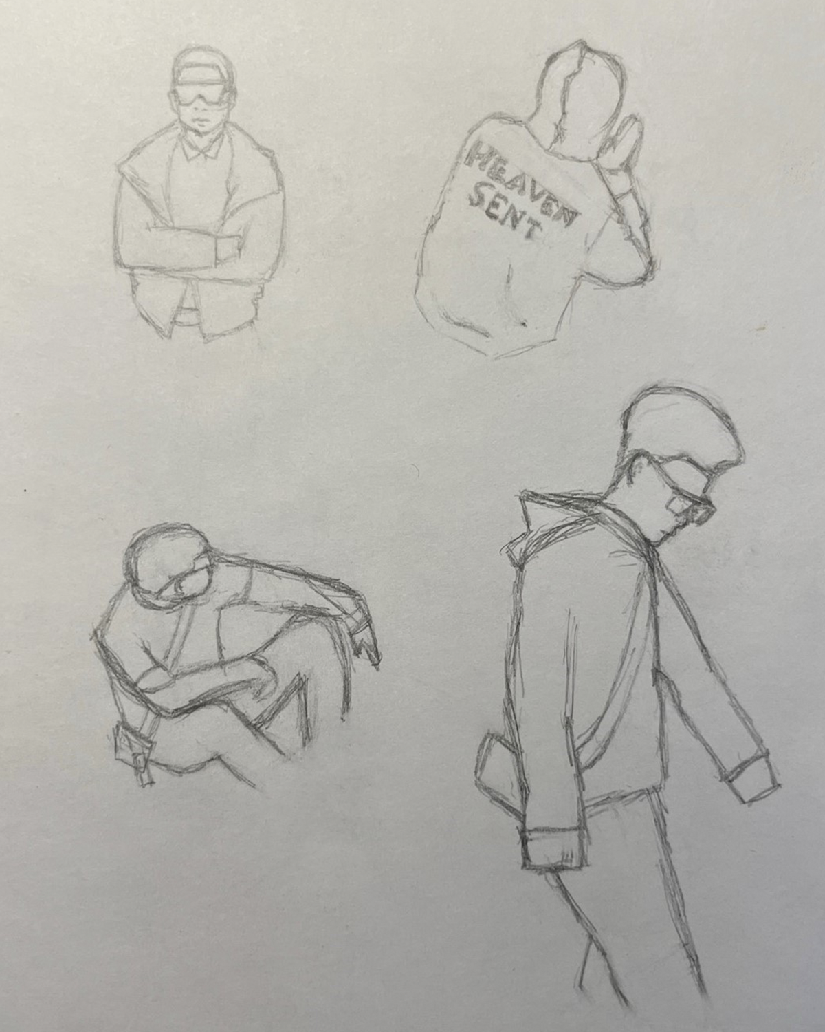 Tegning av en person i 4 posisjoner