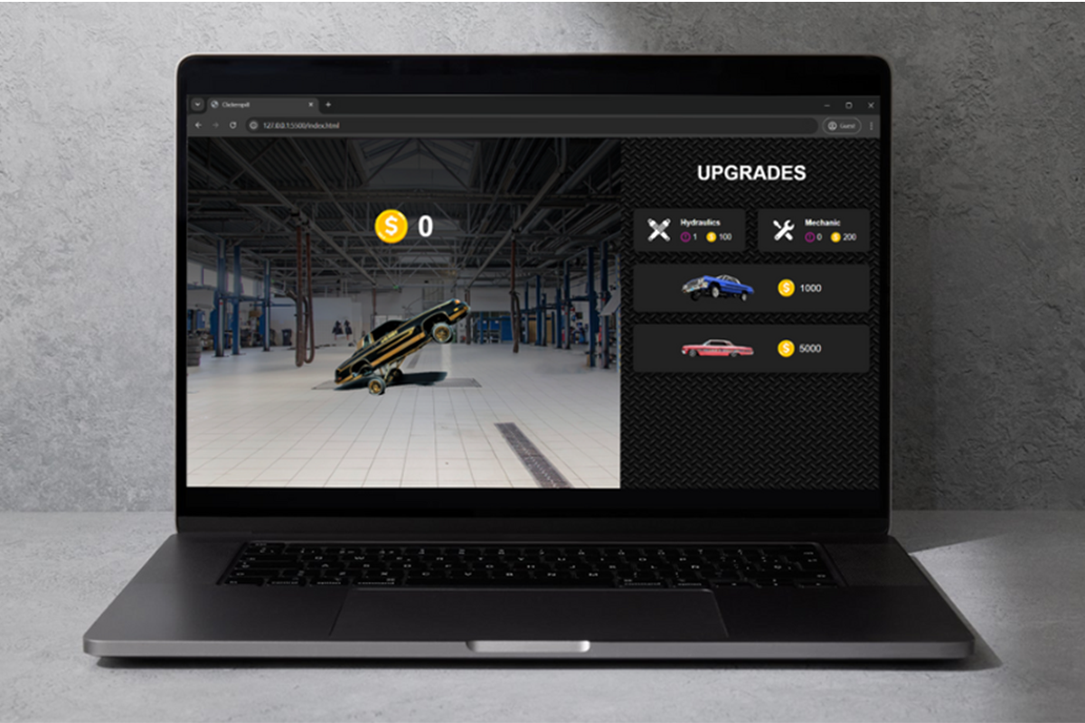 Bilde av en laptop med Clickerspill-nettsiden åpen