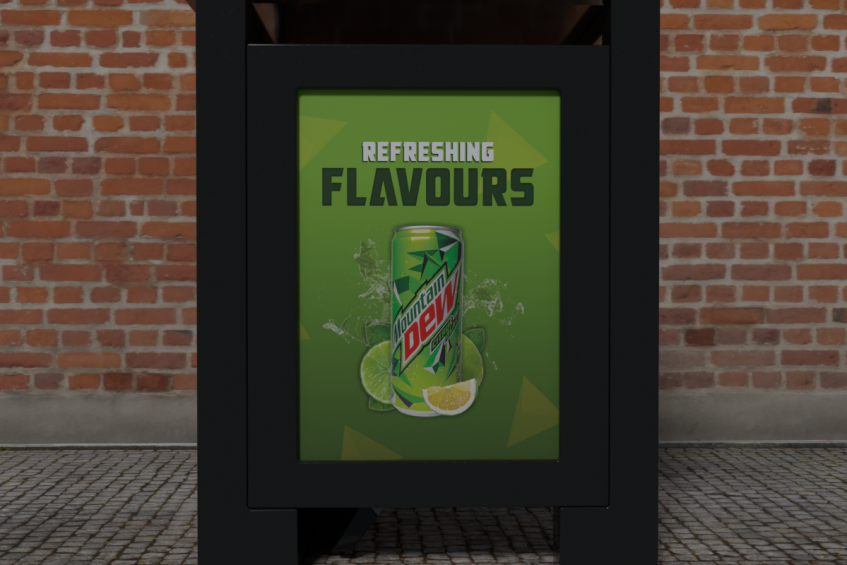 3D-modell av Mountain Dew plakat som er på en bussholdeplass
